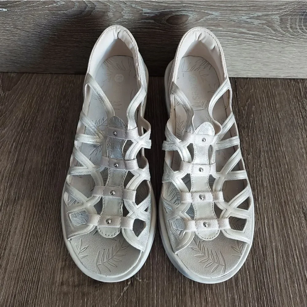 Bzees Sasha Silver Metallic Slip On Comfort Wedges Sandal, Women's Size 8.5